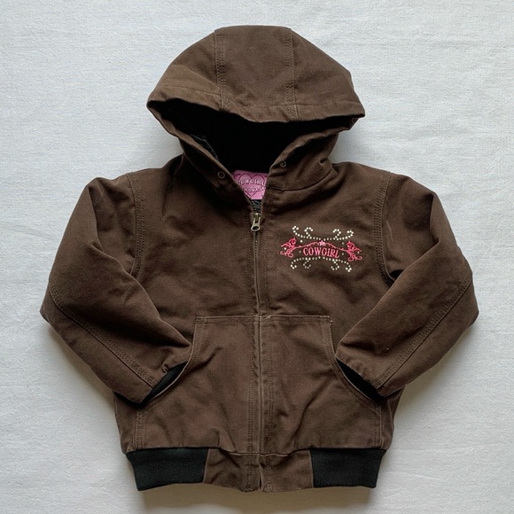 Cowgirl Hardware Other - Cowgirl Hardware Untamed Pink Embroidered Horse Brown Canvas Barn Winter Coat XS